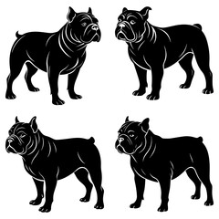 Four black bulldog silhouettes in different poses against a white background illustration vector art