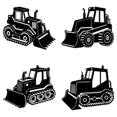 Four different black and white bulldozer illustrations with distinct designs and track styles shown © Love
