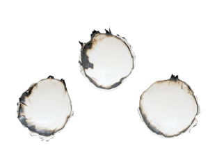 Three burnt paper circles with transparent background, isolated on black, abstract shapes, grunge texture, minimalist design, white and black color scheme, graphic