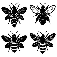 Four black and white bee illustrations with different wing and body stripe patterns displayed