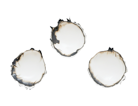 Three burnt paper circles with transparent background, isolated on black, abstract shapes, grunge texture, minimalist design, white and black color scheme, graphic - Powered by Adobe