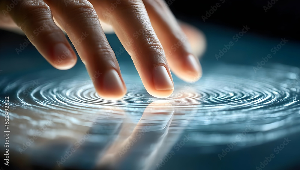 Poster a close-up of a hand touching a touch screen, creating mesmerizing ripples in a digital interface.