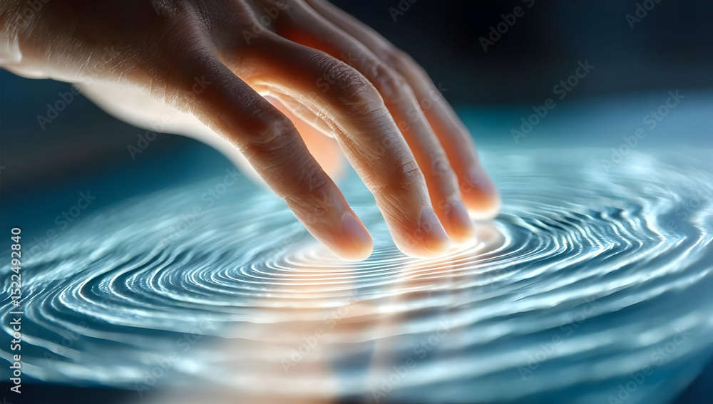 Poster a close-up of a hand touching a screen creating mesmerizing ripple effects, symbolizing innovation a