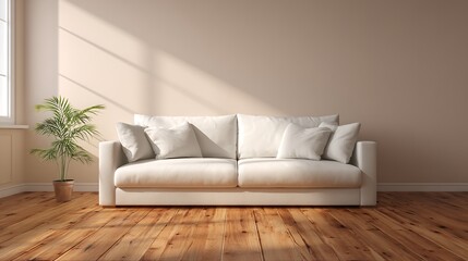 A brand new white sofa placed against a soft beige wall in a minimalistic living room with polished wooden flooring and natural daylight streaming in from the side.