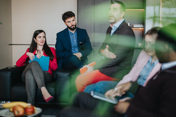 A group of business people engaged in a relaxed and productive meeting in a contemporary office...