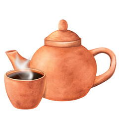Watercolor terracotta clay teapot and tea cup full of hot tea. Oriental tea ceremony clipart. Hand-drawn watercolor illustration isolated. For postcards, menu, invitation design