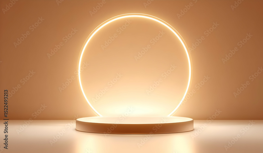 Poster a modern, illuminated circular display pedestal on a soft background for showcasing products or art.