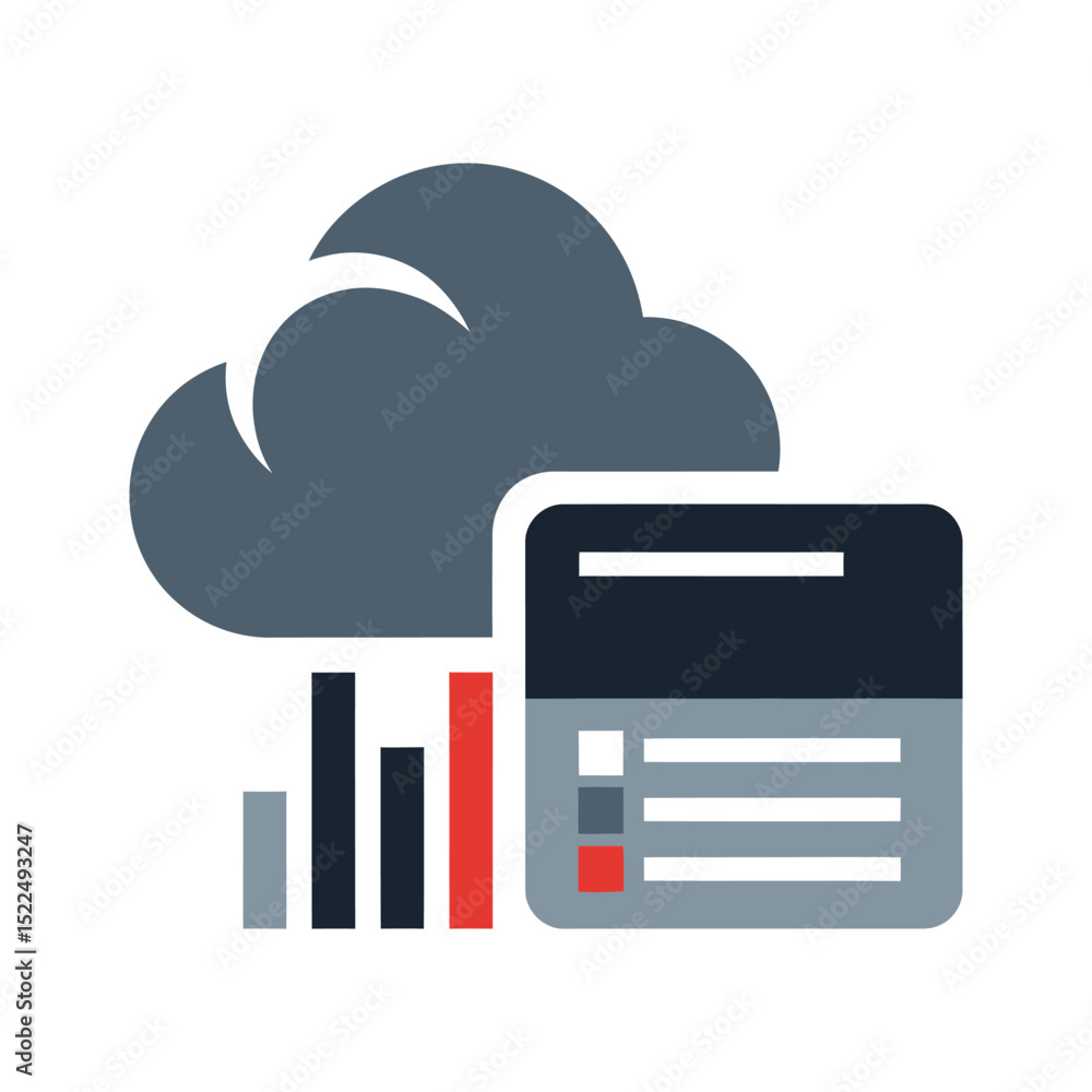 Poster cloud data analysis with bar graph and list icon in flat design