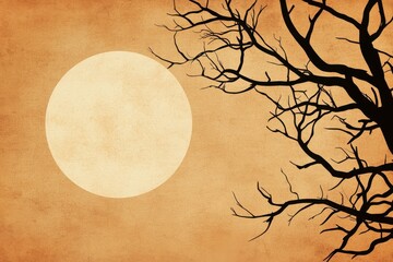 Bare Tree Silhouette Against a Large Pale Yellow Sun on Tan Textured Background
