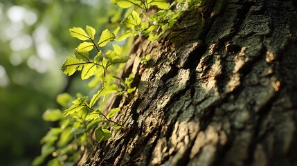 A close view of a spring tree trunk with intricate bark textures and young green leaves emerging, backlit by soft afternoon light.