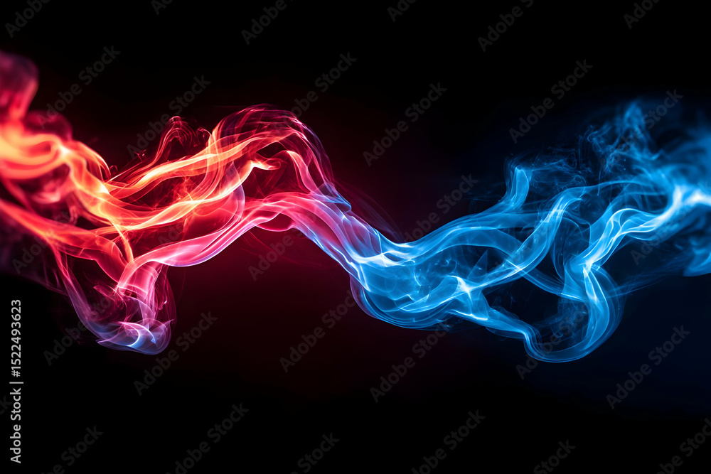Poster dynamic swirling smoke in red and blue tones creating an abstract and colorful background for creati