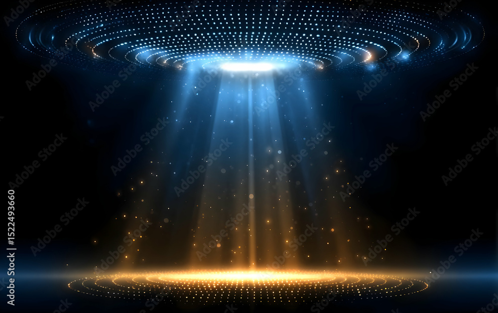 Poster futuristic beam of light illuminating a circular area, creating a cosmic and otherworldly atmosphere
