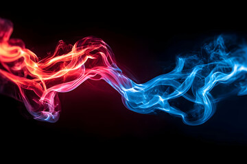 Fototapeta premium Dynamic swirling smoke in red and blue tones creating an abstract and colorful background for creative designs.