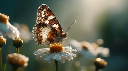 A close-up of a butterfly resting on a dewy flower in morning light.