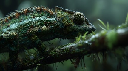 A close-up of a chameleon's textured skin as it grips a mossy branch in a rainforest.