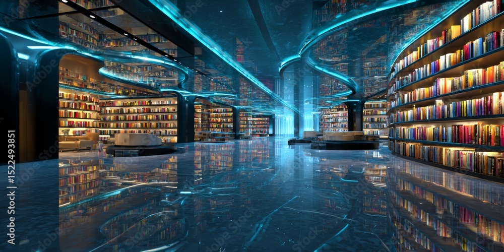 Poster interactive digital library with a diverse selection of e-books, displayed in a sleek, futuristic 3d