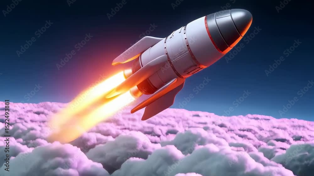 Poster dynamic rocket launch animation with glowing trails and explosive energy beams
