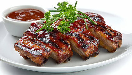 Delicious grilled ribs served with savory barbecue sauce and fresh herbs, perfect for a gourmet meal.