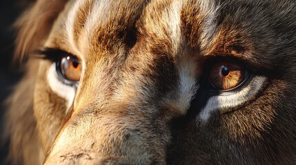 A close-up of a liona??s eyes, intense and focused, with sunlight highlighting its mane.