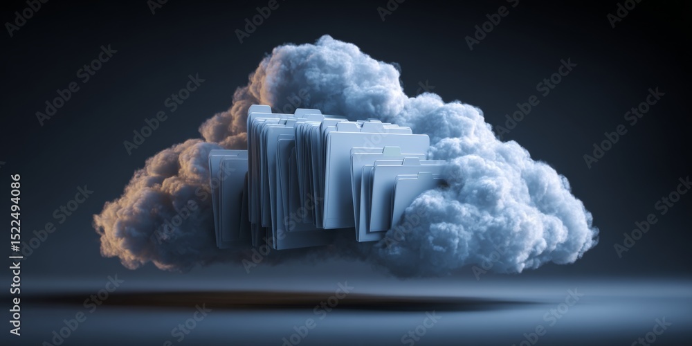 Poster Data Storage in the Cloud: Create an image showing a digital cloud with folders and files being uploaded, symbolizing cloud storage services.