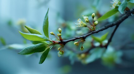 A close-up of a spring tree branch with vivid green buds and tiny blossoms, captured against a softly blurred background.