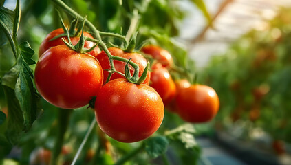 Fresh, ripe tomatoes hang delicately on a vine, showcasing their vibrant color and juicy texture in a greenhouse.