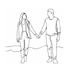 Continuous line drawing of couple holding hands walking together in love and romance