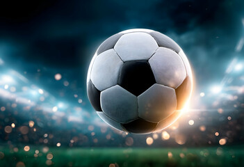 Naklejka premium Dynamic soccer ball in motion under stadium lights, capturing the excitement of the game and the thrill of competition.