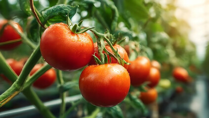 Close-up of ripe tomatoes growing on a vine in a greenhouse, showcasing vibrant colors and healthy foliage.