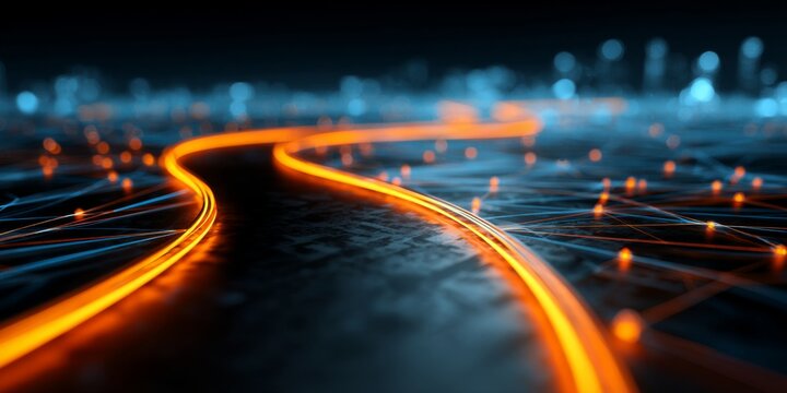 A modern digital roadmap shown with luminous lines and markers, representing the strategic direction and advancements in technology and digital progress