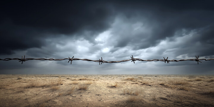 A barbed wire fence stretching across a barren no man's land between two countries, dramatic sky, symbol of political separation.