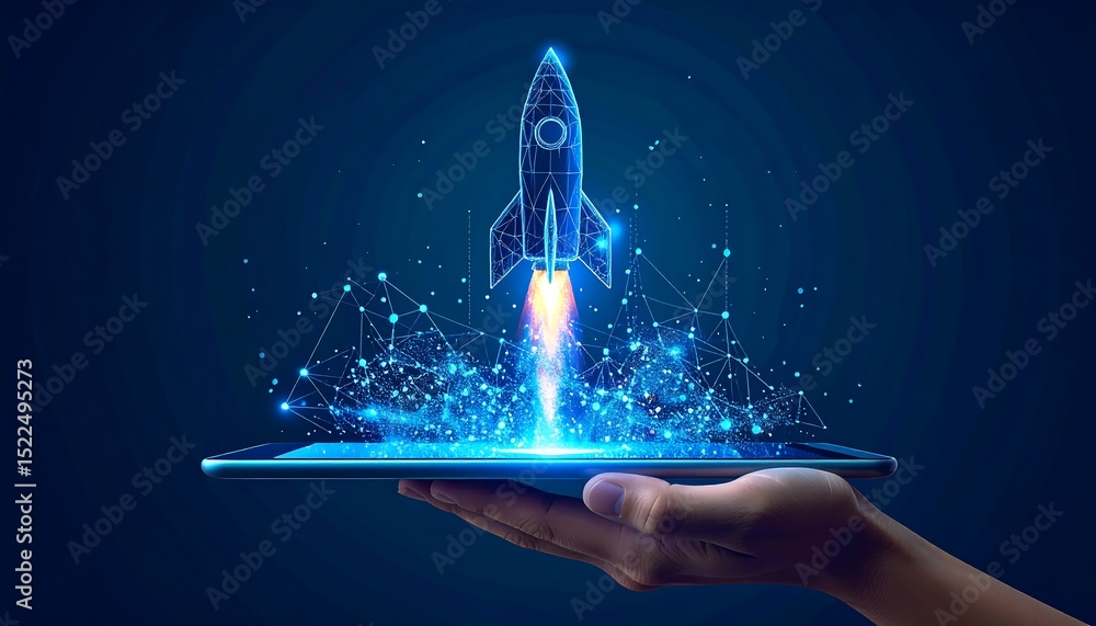 Aufkleber digital rocket launch from the stock market candlestick in outer space. boosting of investment profi