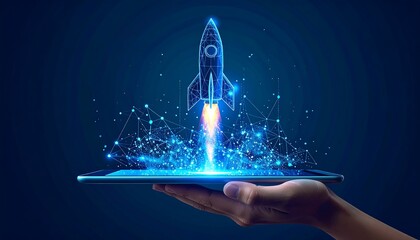 Digital rocket launch from the stock market candlestick in outer space. Boosting of investment profit concept. analyzing, big data, chart, concepts, data, diagram, expertise, finance, graph, growth, 