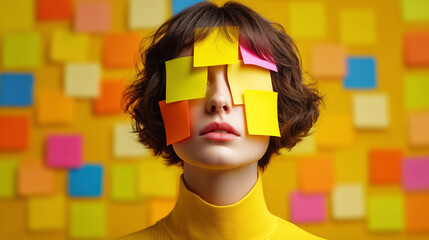 Woman overwhelmed by messenges and reminders. Adhesive notes covering entire wall. Person with blank sticky notes over eyes.