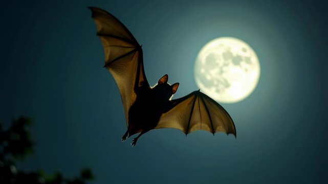 Slow motion bat flying gracefully under moonlight with gentle wing flapping.