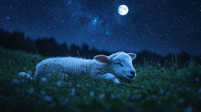 A lamb sleeps peacefully under a night sky.