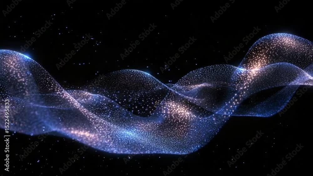 Poster abstract wave of particles in space, seamless looping background animation, dynamic glow