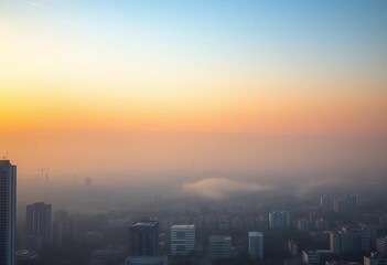 Smoggy city sunrise, hazy skyline, poor air quality, health risks,   environmental,  care