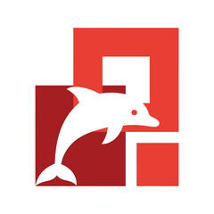 Stylized White Dolphin Silhouette Against Geometric Red Squares Design