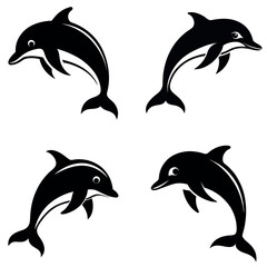 Four Black Dolphin Silhouettes in Leaping Poses, Illustration on White Background, Marine Life