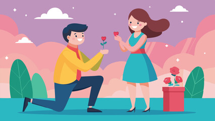 Cartoon Man Proposing with Heart Flower to Woman in Romantic Landscape Backdrop