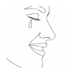 Minimalist line drawing depicting a profile view of a crying face with a smile