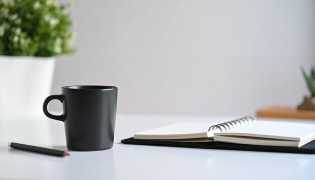 A black coffee cup next to an open notebook and a pencil sits on a white desk, minimalist office.