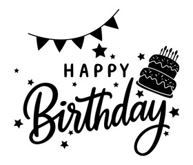 Happy Birthday text sign with cake, stars, candles, black color, vector illustration.