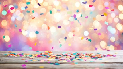 Colorful confetti falls onto a wooden surface.
