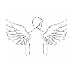 Minimalist line art depicting a human figure with angelic wings in flight