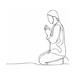 Simple continuous line drawing of a person praying on their knees in humble worship