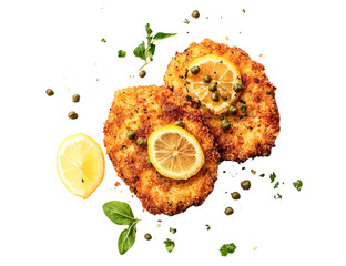 Two crispy breaded chicken parmesan cutlets with lemon slices, capers, and herbs, transparent background