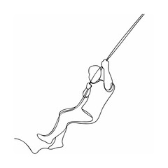 Single line drawing illustrating a person swinging on a rope against a white background