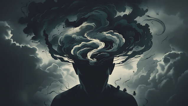 Monochrome art of obsessive thoughts and inner turmoil, depression, melancholy, mental suffering, sadness